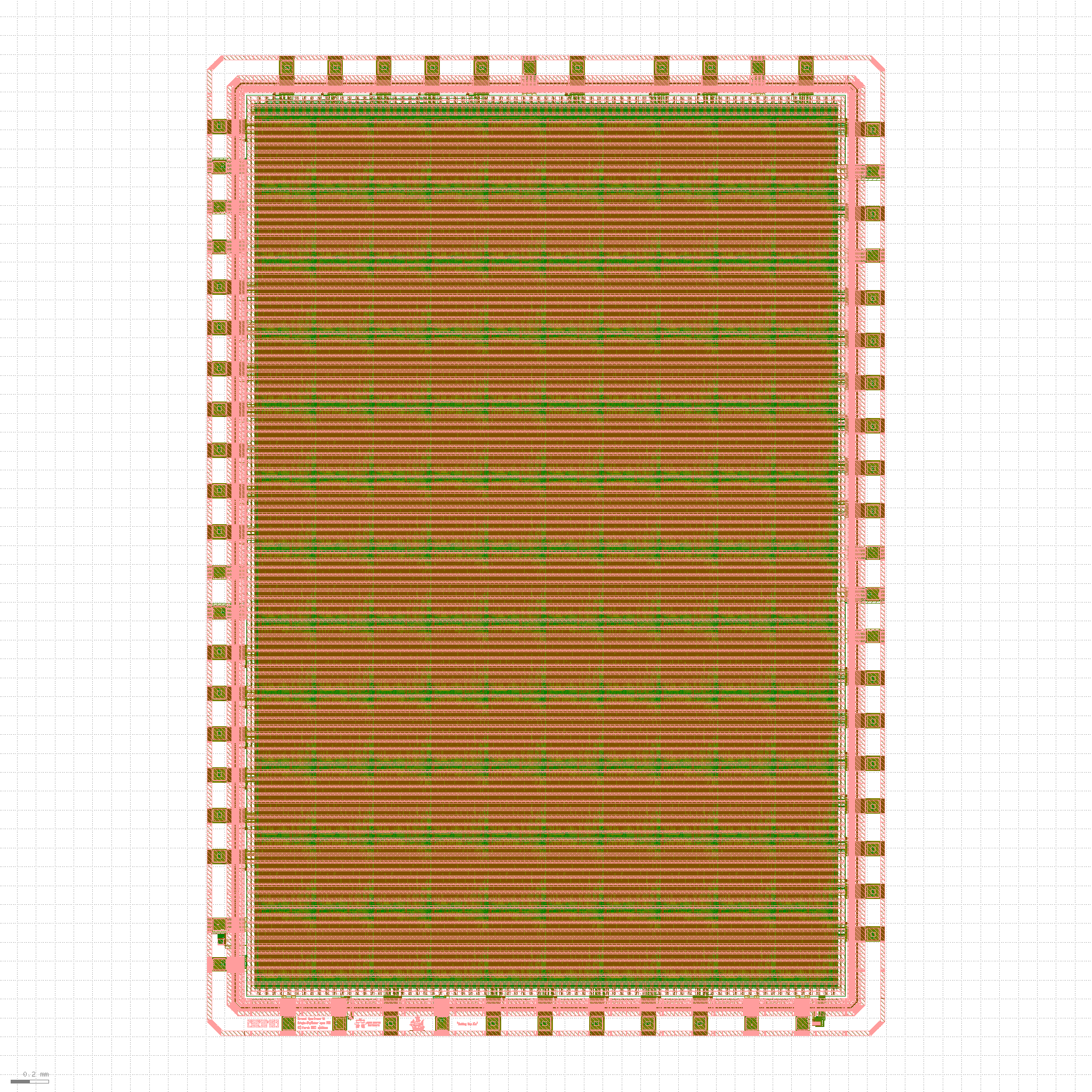 The Kyttar prototype chip layout: a dense array of asynchronous compute cells filling the die core, surrounded by the I/O pad ring, as taped out on the SkyWater SKY130 process