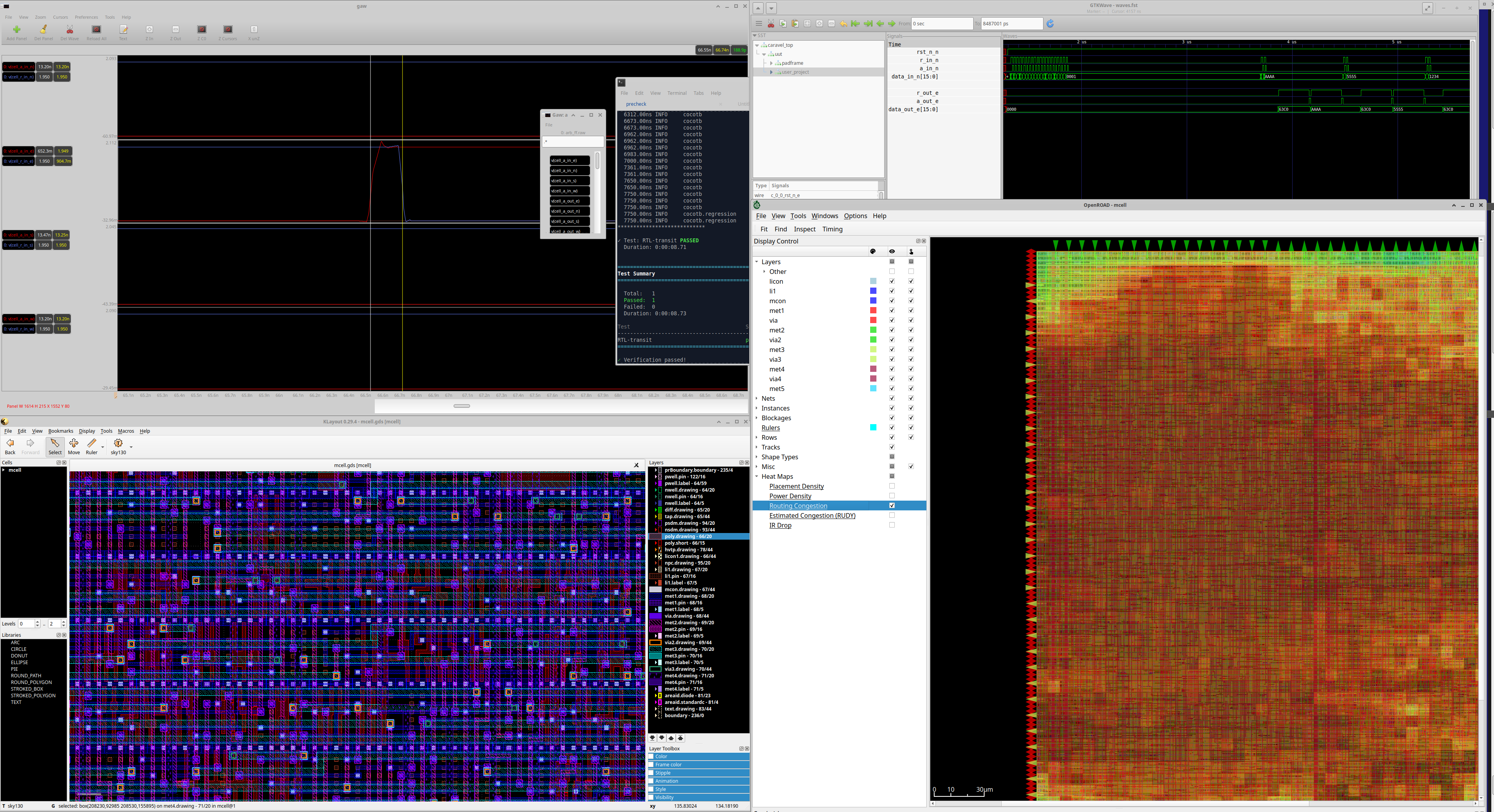 Open-source chip design desktop: GTKWave waveform viewer, KLayout GDS cell layout, and OpenLane flow — all free tools, no commercial licenses.