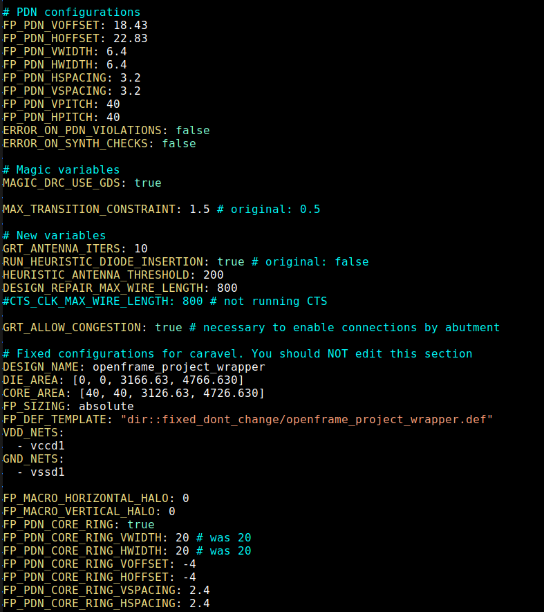 LibreLane configuration file for the OpenFrame project wrapper, showing PDN, DRC, and macro placement parameters.