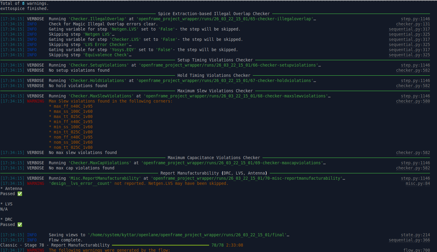 LibreLane flow completing stage 78 of 78: DRC passed, antenna passed, timing checks clean.