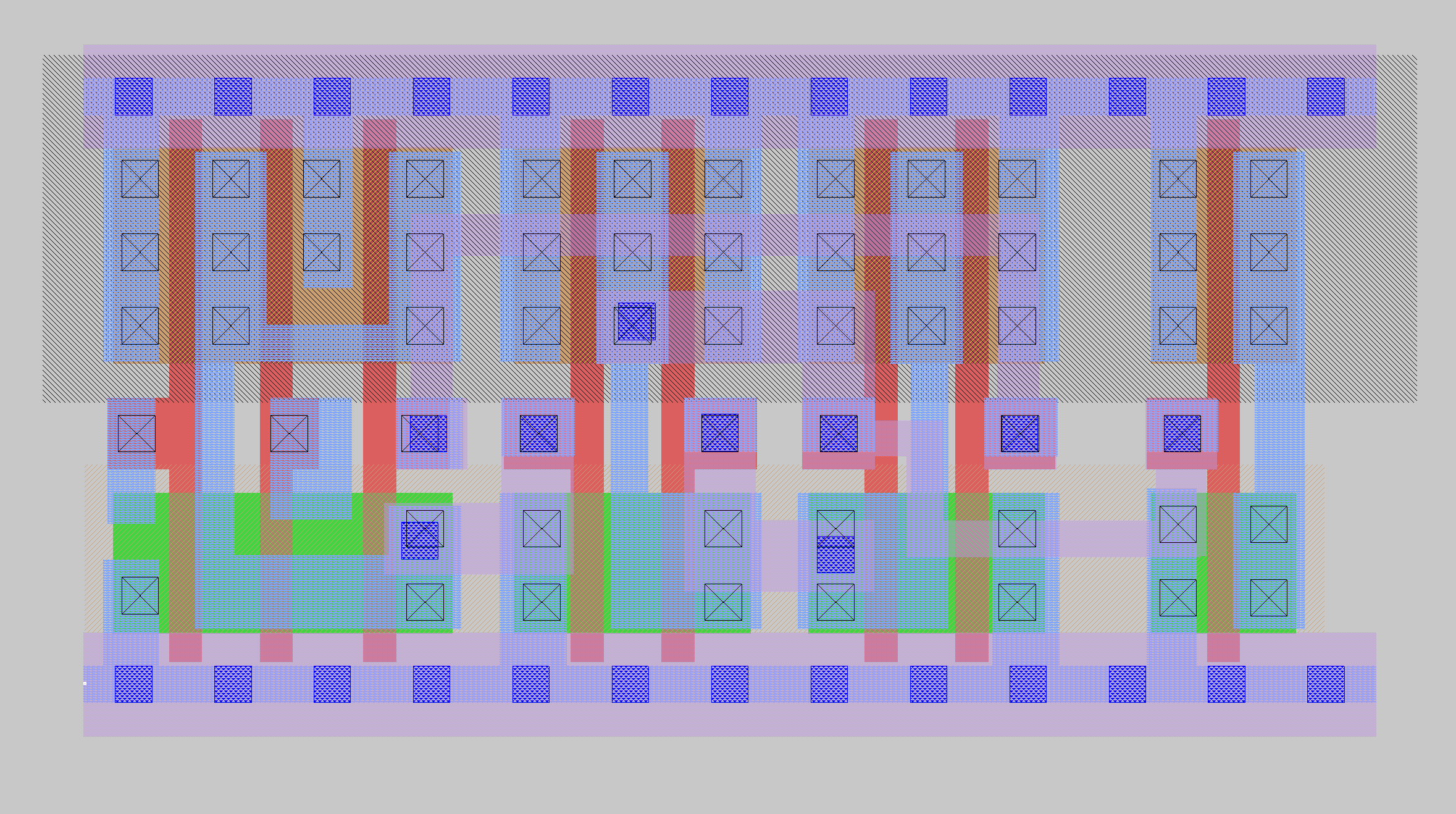 Magic layout of a custom asymmetric 3-input C-element built from abutted SKY130 standard cells.